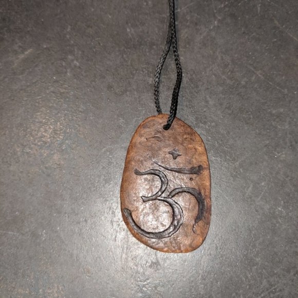 Artisan Handcrafted Wood Burnout OM Symbol Pendant - Picture 2 of 8